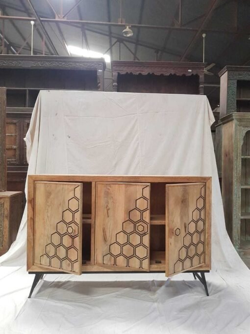 Large handcrafted carved oriental style indian furniture buffet hutch natural old wooded carved old door sideboard 152x40x101cm - Image 3