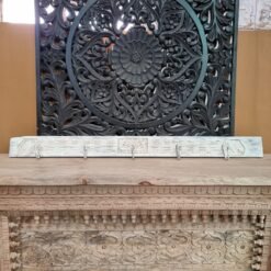 Vintage indian antique carved  block print 120cm medium hook stand whitewash wall mounted strip wood 120x10x10cm