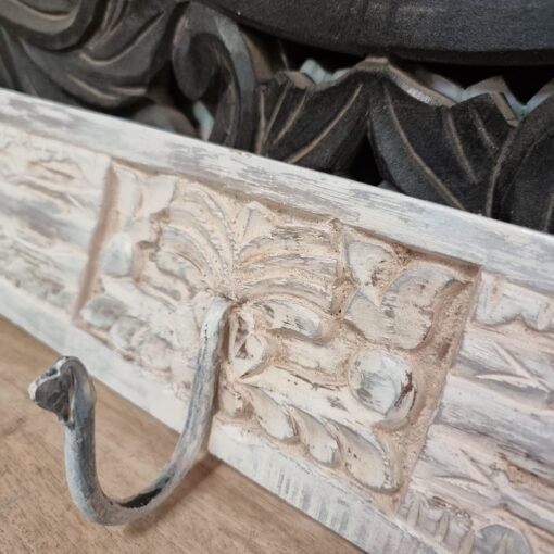 Vintage indian antique carved  block print 120cm medium hook stand whitewash wall mounted strip wood 120x10x10cm - Image 4