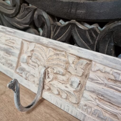 Vintage indian antique carved  block print 120cm medium hook stand whitewash wall mounted strip wood 120x10x10cm - Image 5