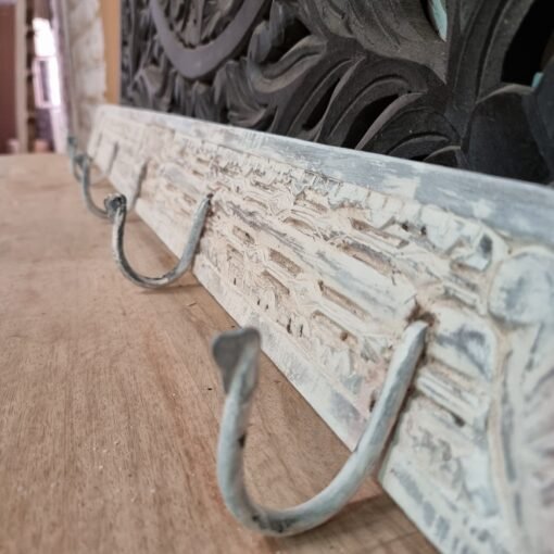 Vintage indian antique carved  block print 120cm medium hook stand whitewash wall mounted strip wood 120x10x10cm - Image 6