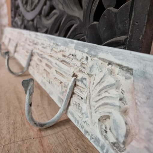 Vintage indian antique carved  block print 120cm medium hook stand whitewash wall mounted strip wood 120x10x10cm - Image 7