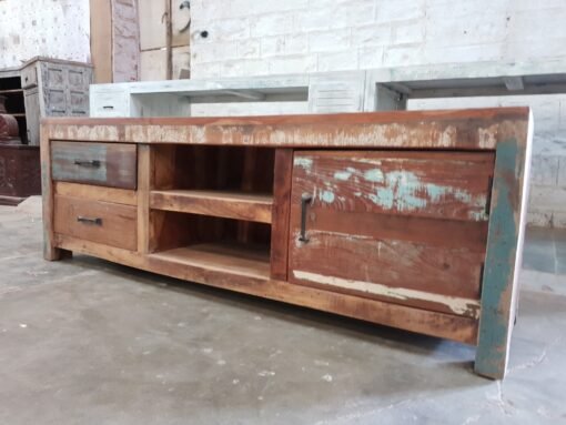 Large handcrafted carved indian furniture wooden 4 drawer muticolour tv unit entertainment media unit vintage 150x40x50cm - Image 3