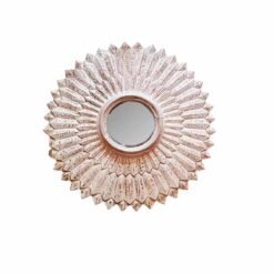 Handcrafted carved round wooden flame frame oriental style white wall mirror 95x5x95cm