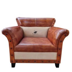 Carved Handmade Indian Furniture Leather Polo Single Seat Sofa Armchair Brown 92x88x82Cm