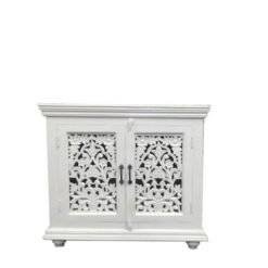 Handcrafted Indian Furniture Handmade Solid Hard Wood Carved Door Cabinet Jali Door White 90x40x90Cm