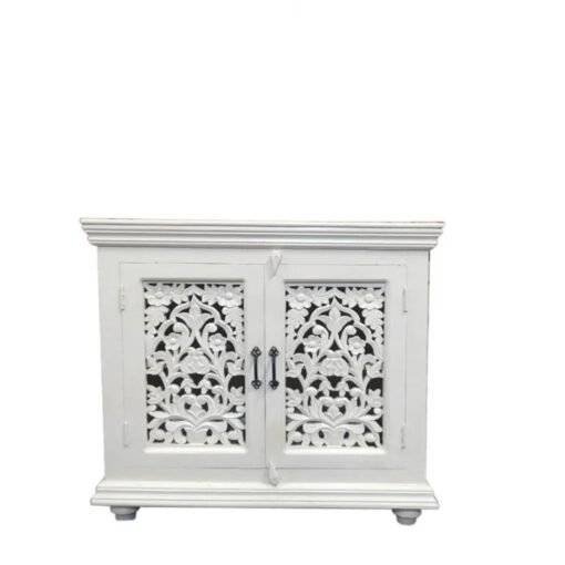 Handcrafted Indian Furniture Handmade Solid Hard Wood Carved Door Cabinet Jali Door White 90x40x90Cm