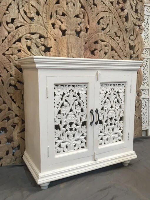 Handcrafted Indian Furniture Handmade Solid Hard Wood Carved Door Cabinet Jali Door White 90x40x90Cm - Image 7