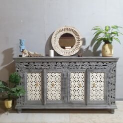 Handcrafted indian furniture carved solid hard wood jali doors sideboard buffet greywash180x40x100cm