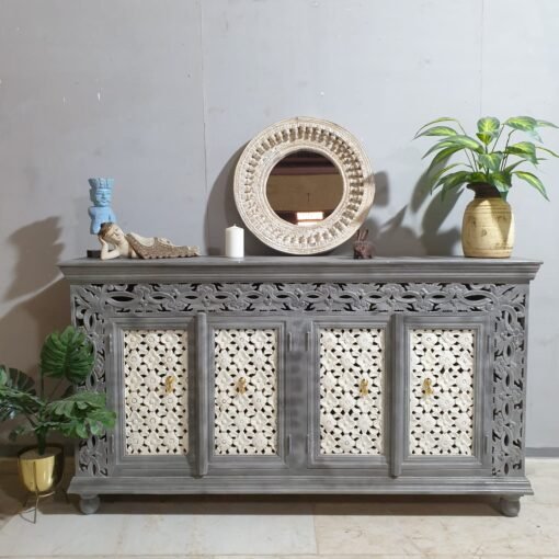 Handcrafted indian furniture carved solid hard wood jali doors sideboard buffet greywash180x40x100cm