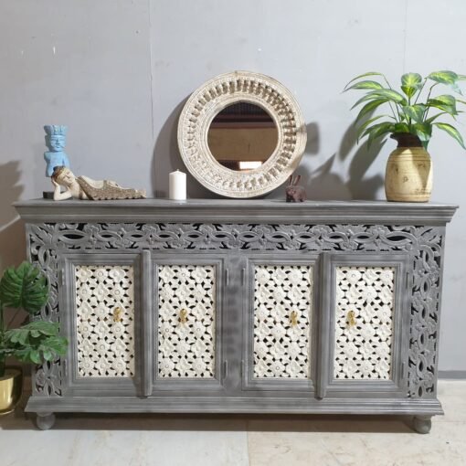 Handcrafted indian furniture carved solid hard wood jali doors sideboard buffet greywash180x40x100cm - Image 2