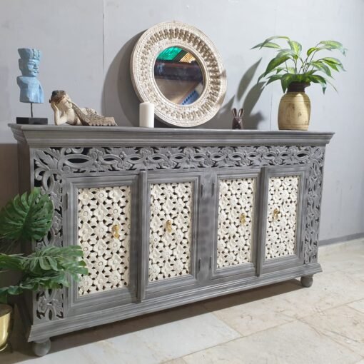 Handcrafted indian furniture carved solid hard wood jali doors sideboard buffet greywash180x40x100cm - Image 3
