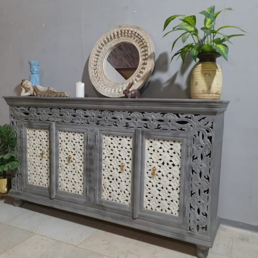 Handcrafted indian furniture carved solid hard wood jali doors sideboard buffet greywash180x40x100cm - Image 4