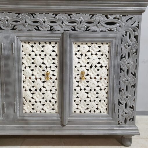 Handcrafted indian furniture carved solid hard wood jali doors sideboard buffet greywash180x40x100cm - Image 5