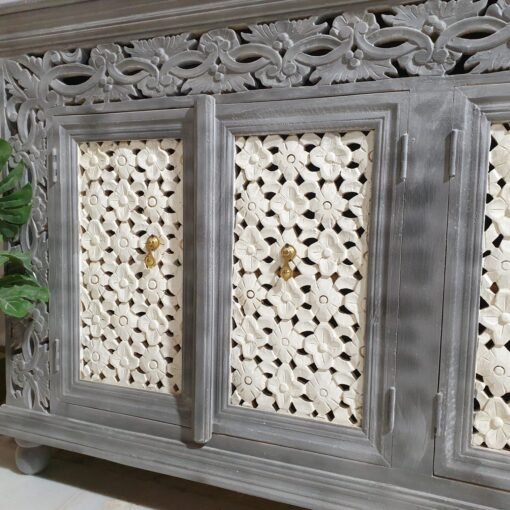 Handcrafted indian furniture carved solid hard wood jali doors sideboard buffet greywash180x40x100cm - Image 6