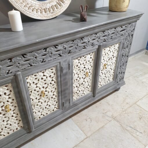 Handcrafted indian furniture carved solid hard wood jali doors sideboard buffet greywash180x40x100cm - Image 7