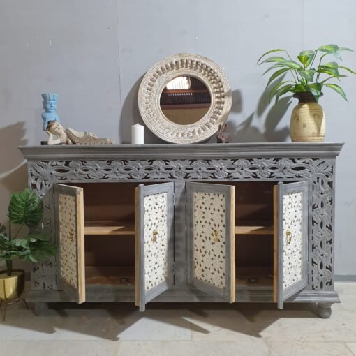 Handcrafted indian furniture carved solid hard wood jali doors sideboard buffet greywash180x40x100cm - Image 8