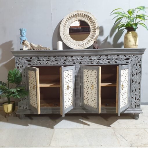 Handcrafted indian furniture carved solid hard wood jali doors sideboard buffet greywash180x40x100cm - Image 9