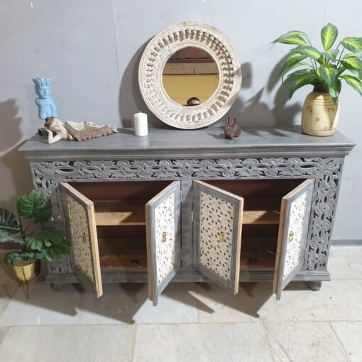 Handcrafted indian furniture carved solid hard wood jali doors sideboard buffet greywash180x40x100cm - Image 10