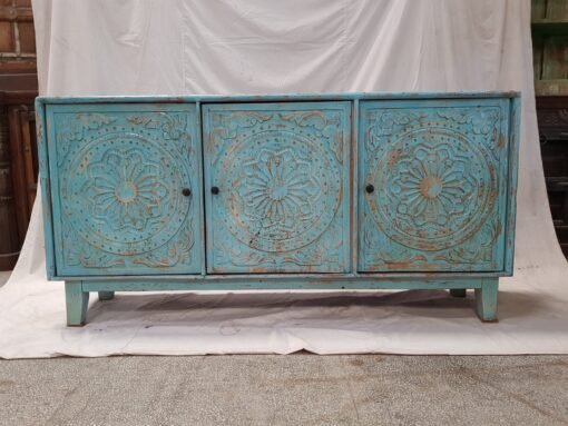 Handcrafted indian furniture solid hard wood mandala carving sideboard buffet blue 174x40x74cm - Image 6