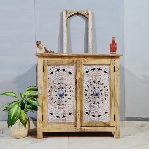 Indian Furniture Carved Handmade Solid Hard Wood 2Drawers Cabinet Natural 90x40x95Cm - Image 5