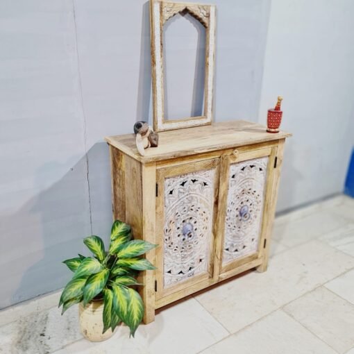 Indian Furniture Carved Handmade Solid Hard Wood 2Drawers Cabinet Natural 90x40x95Cm - Image 7