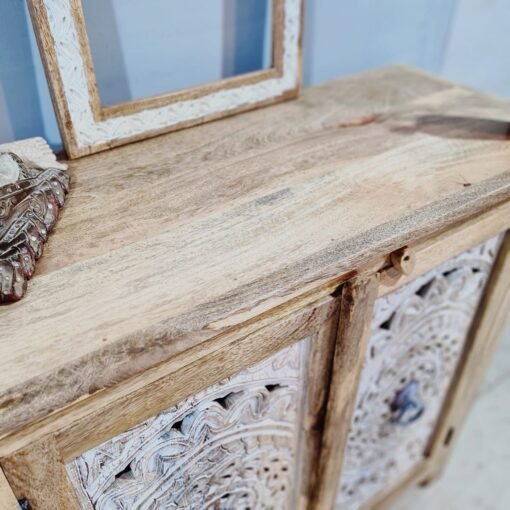 Indian Furniture Carved Handmade Solid Hard Wood 2Drawers Cabinet Natural 90x40x95Cm - Image 8