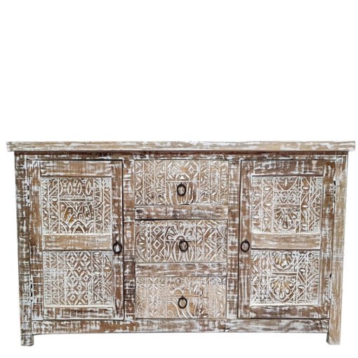 Handmade Carved Indian Furniture Solid Hard Wood Sideboard 2 Doors Rustic White 150x45x75Cm