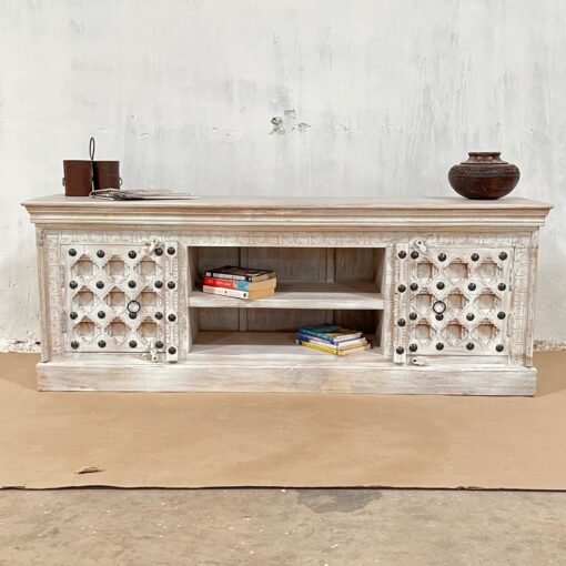Large Handcrafted Carved Indian Furniture Wooden Hand carved TV Unit Entertainment Media 2 Door Rustic White 160x40x60cm