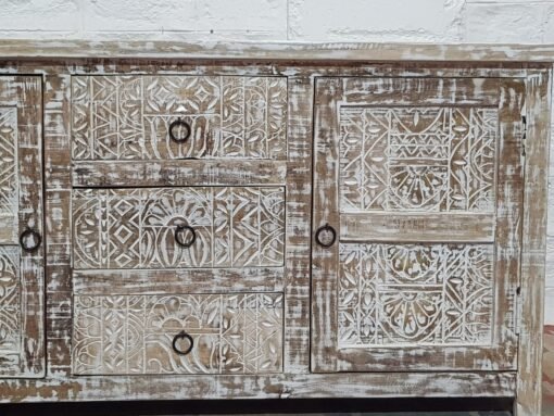 Handmade carved indian furniture solid hard wood sideboard 2 doors rustic white 150x45x75cm - Image 2