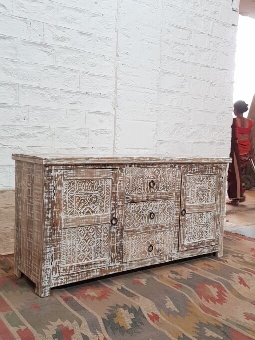 Handmade carved indian furniture solid hard wood sideboard 2 doors rustic white 150x45x75cm - Image 4