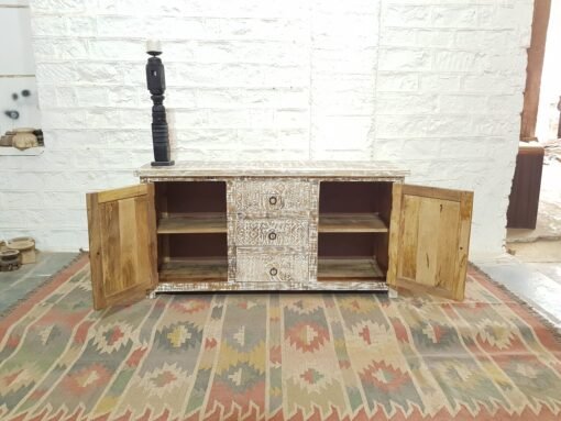 Handmade carved indian furniture solid hard wood sideboard 2 doors rustic white 150x45x75cm - Image 5