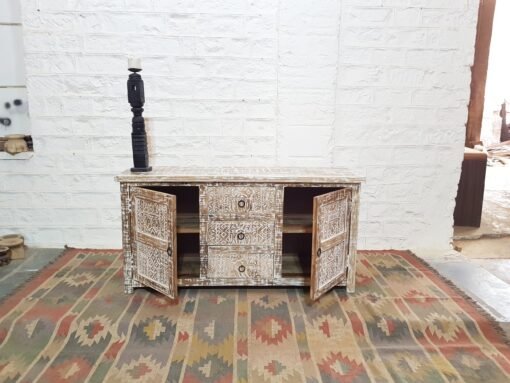 Handmade carved indian furniture solid hard wood sideboard 2 doors rustic white 150x45x75cm - Image 6