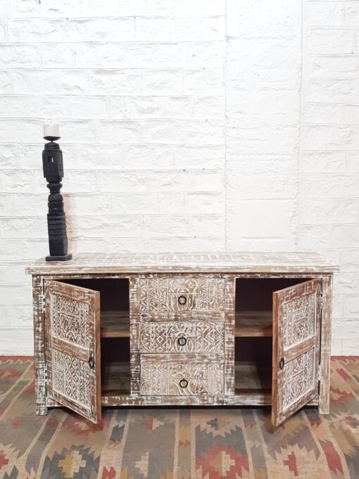 Handmade carved indian furniture solid hard wood sideboard 2 doors rustic white 150x45x75cm - Image 7