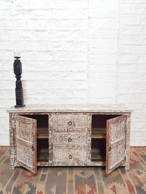 Handmade carved indian furniture solid hard wood sideboard 2 doors rustic white 150x45x75cm - Image 8