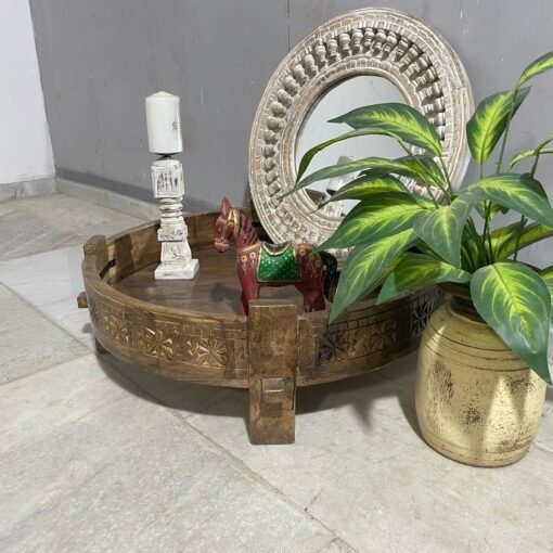 Indian furniture handcrafted carved handmade solid hard wood chakki grinder table coffee table natural 76x76x25cm - Image 2
