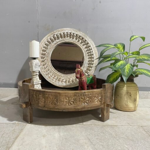 Indian furniture handcrafted carved handmade solid hard wood chakki grinder table coffee table natural 76x76x25cm - Image 3