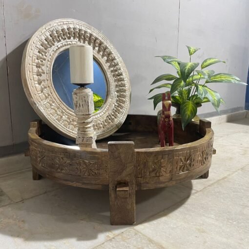 Indian furniture handcrafted carved handmade solid hard wood chakki grinder table coffee table natural 76x76x25cm - Image 4