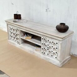 Large Handcrafted Carved Indian Furniture Wooden Hand carved TV Unit Entertainment Media 2 Door Rustic White 160x40x60cm