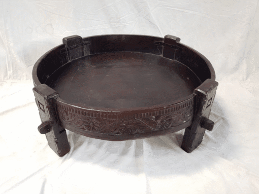 Indian Furniture Handcrafted Carved Handmade Solid Hard Wood Chakki Grinder Table Coffee Table Brown 75x75x30cm - Image 2