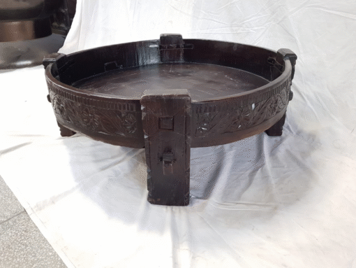 Indian Furniture Handcrafted Carved Handmade Solid Hard Wood Chakki Grinder Table Coffee Table Brown 75x75x30cm - Image 4