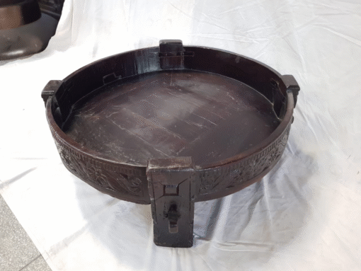 Indian Furniture Handcrafted Carved Handmade Solid Hard Wood Chakki Grinder Table Coffee Table Brown 75x75x30cm - Image 5