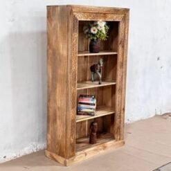 Large Handcrafted Carved Indian Furniture Solid Hard Wood Bookshelf Bookcase Natural 100x40x180Cm