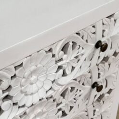 Handmade Indian Furniture Solid Hard Wood Floral Carvings 4 Chest of Drawers Dresser White 91x38x91Cm