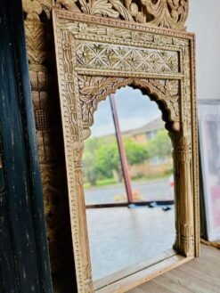Handmade large handcrafted indian furniture mehrab style carved wooden mirror natural 70x7x120cm