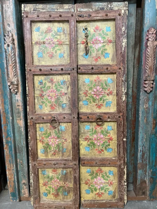Antique india door rustic yellow painted door farmhouse garden doors unique eclectic 100x220cm - Image 2