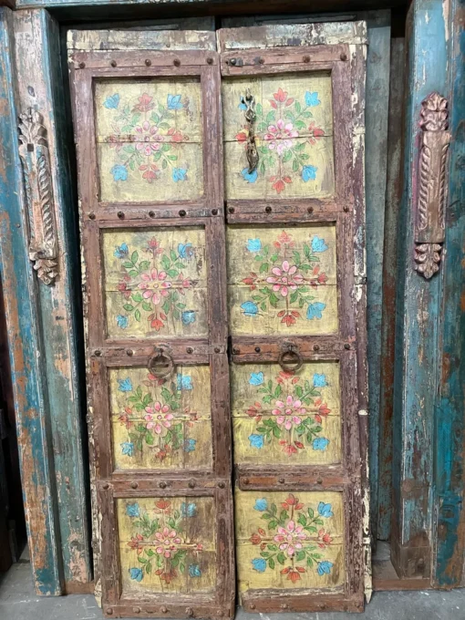 Antique india door rustic yellow painted door farmhouse garden doors unique eclectic 100x220cm