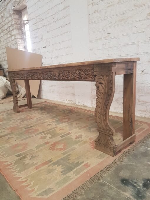 Carved Indian Furniture Handmade Solid Hard Wood Console Table Hallway Natural 250x45x85Cm - Image 3