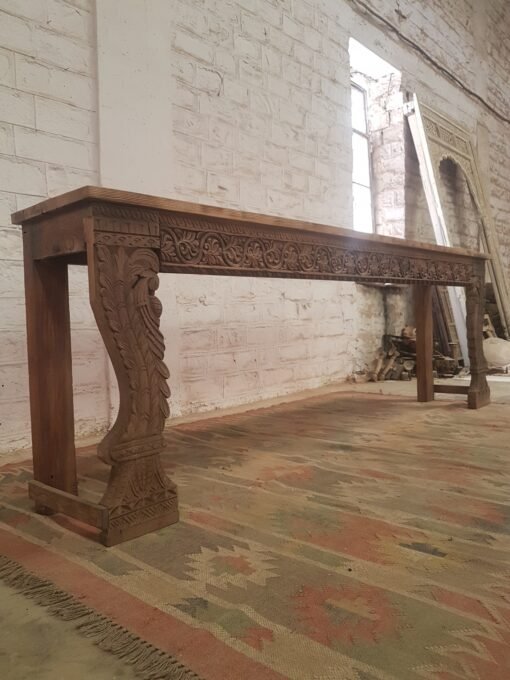 Carved Indian Furniture Handmade Solid Hard Wood Console Table Hallway Natural 250x45x85Cm - Image 6