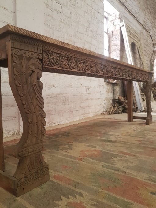 Carved Indian Furniture Handmade Solid Hard Wood Console Table Hallway Natural 250x45x85Cm - Image 7